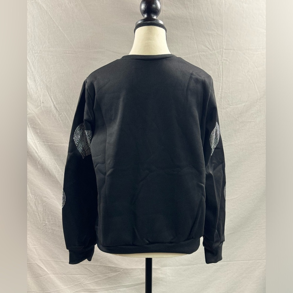 Rhinestone Heart Pattern Crew Neck Sweatshirt Black - Picture 9 of 9